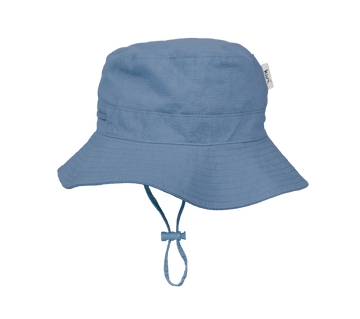 Blue Shadow Kiin Baby sun hat with a wide brim and breakaway safety clip. Made from 100% cotton with adjustable toggles for a secure fit, providing UPF 50+ excellent sun protection. Perfect for babies and toddlers.