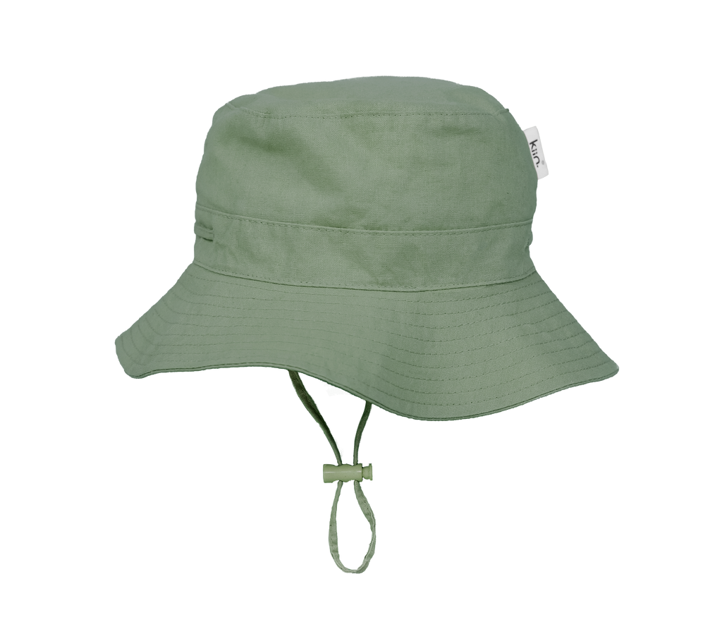 Eucalyptus Kiin Baby sun hat with a wide brim and breakaway safety clip. Made from 100% cotton with adjustable toggles for a secure fit, providing UPF 50+ excellent sun protection. Perfect for babies and toddlers.