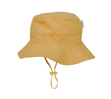 Golden Tan Kiin Baby sun hat with a wide brim and breakaway safety clip. Made from 100% cotton with adjustable toggles for a secure fit, providing UPF 50+ excellent sun protection. Perfect for babies and toddlers.