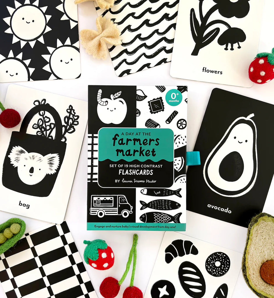 High contrast black and white baby flashcards with fruit, animal and pattern illustrations