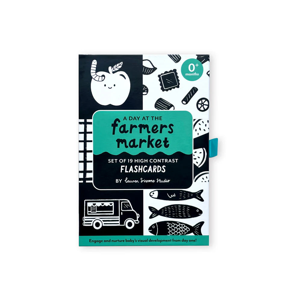 Farmers Market themed baby flashcard box with bold black-and-white design