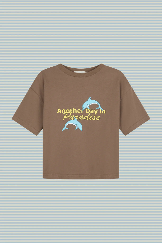 Flat lay of the Paradise Tee in choc chip brown, displayed against a light blue striped background. The shirt features a playful front graphic with two light blue dolphins leaping around the yellow “Another Day in Paradise” text, offset by bold yellow script. The tee has a relaxed, oversized silhouette with a classic ribbed crew neckline.
