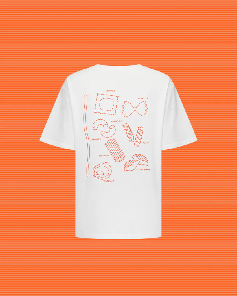 Flat lay of Lenn Label Women's Pasta Tee showing back design with orange pasta illustrations on a bright orange background.