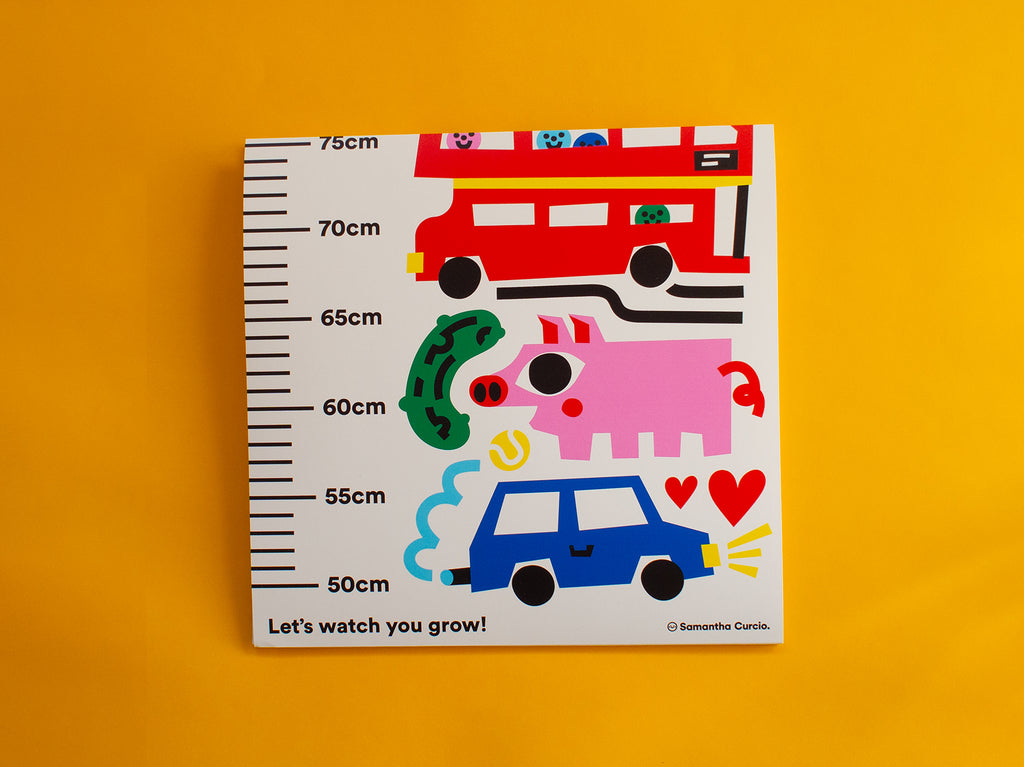 Vibrant height chart featuring playful illustrations of dogs, elephants, planes, and dinosaurs, designed by Melbourne illustrator Samantha Curcio. Made with durable, high-quality material, perfect for tracking growth in bedrooms or playrooms.