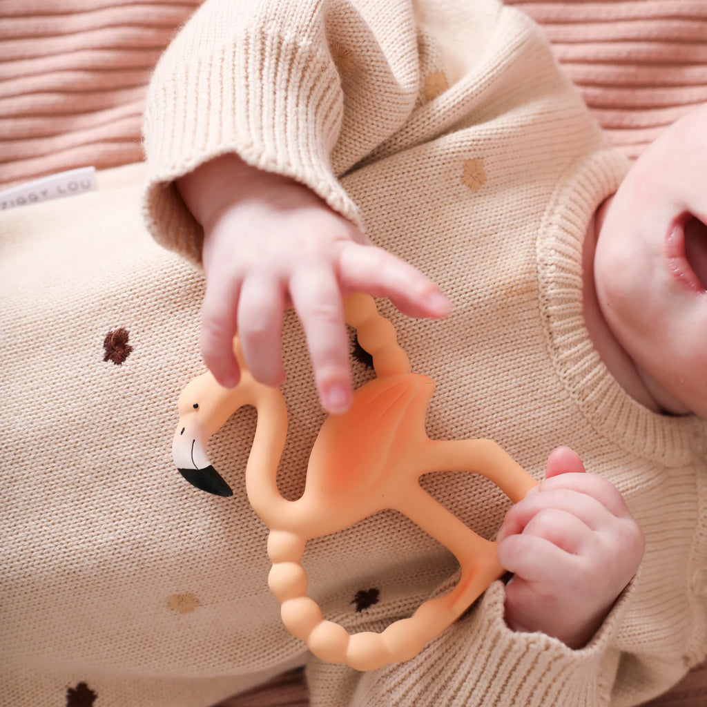 Baby holding a flamingo-shaped teething toy with a soft focus background