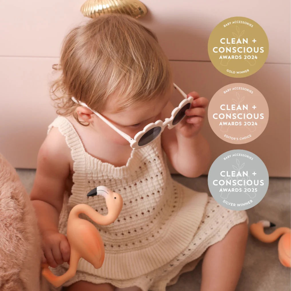 Baby wearing sunglasses and holding a flamingo toy with 'Clean + Conscious Awards' text.