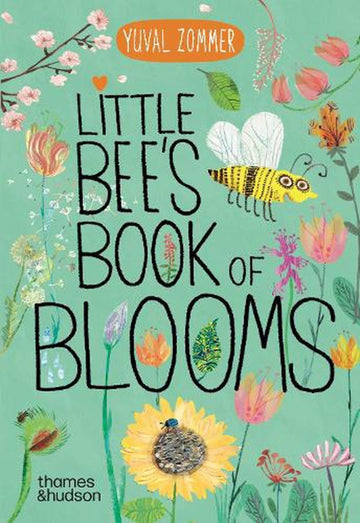 Front cover of Little Bee’s Book of Blooms by Yuval Zommer, featuring a smiling illustrated bee flying through colourful hand-painted flowers on a soft green background.