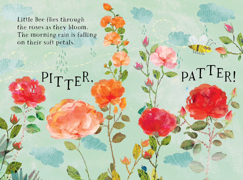 Illustration of Little Bee flying through blossoming roses with raindrops gently falling; text includes the sound words “PITTER PATTER!”