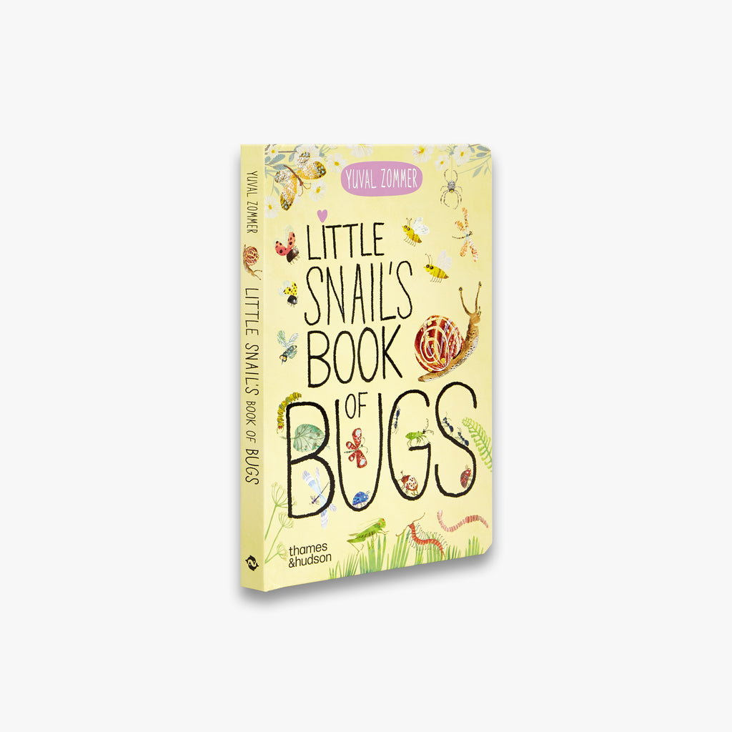 Angled side view of the board book showing the spine and cover of Little Snail’s Book of Bugs with colourful bug illustrations and playful type.