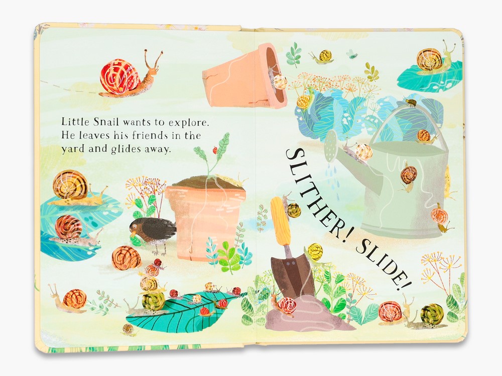 Spread with snails gliding along a garden trail, featuring blue skies, plants, and a view of a leaf with SLITHER! SLIDE! text.