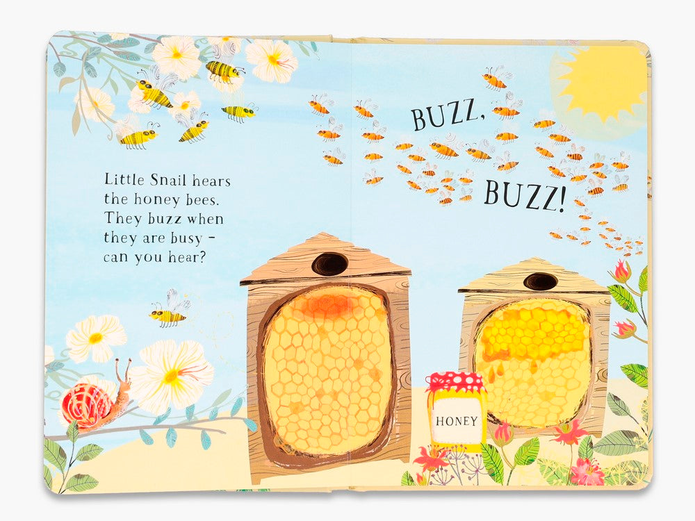 Bright page featuring buzzing honey bees around golden beehives, with the sound words "BUZZ! BUZZ!" and floral garden details completing the sunny scene.