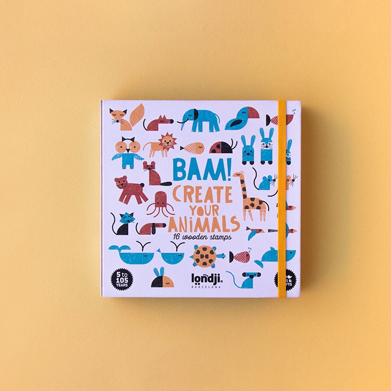Londji BAM! Create Your Animals box featuring colorful animal illustrations and text “16 wooden stamps.