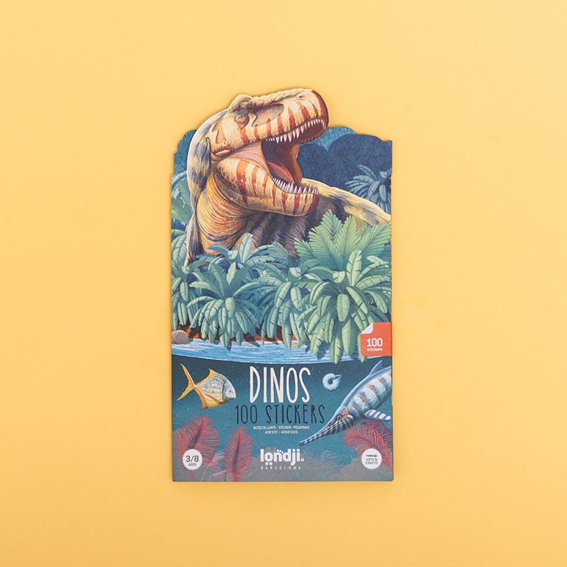 Londji Dinos 100 Stickers pack featuring a roaring T-Rex surrounded by jungle leaves.