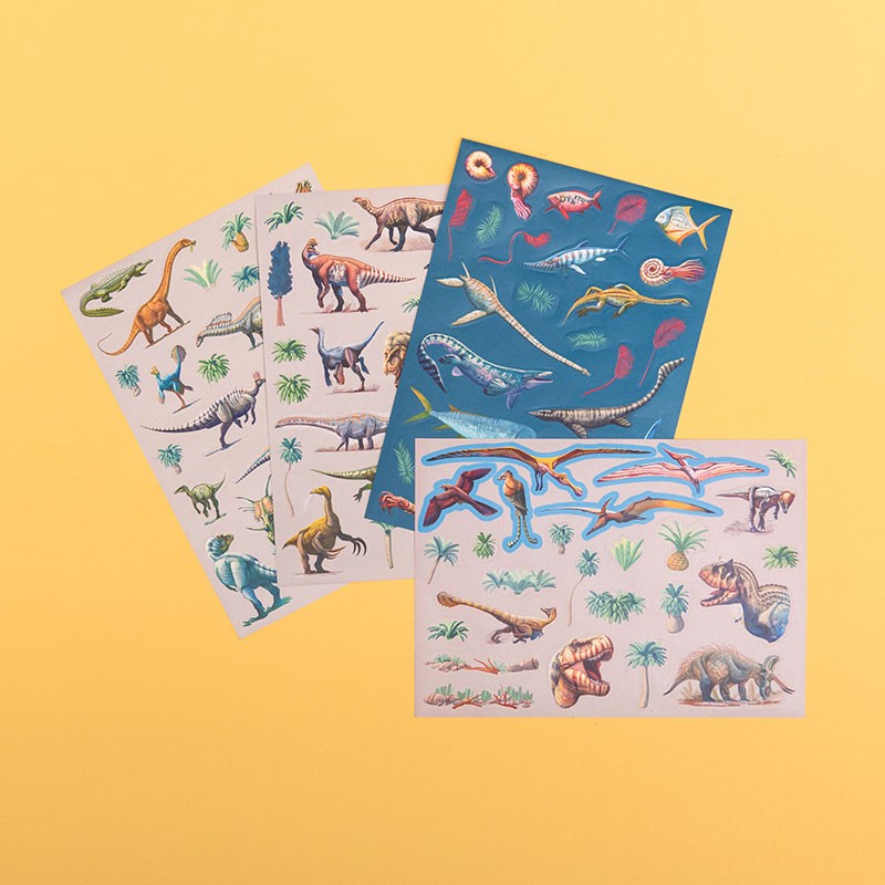 Sheets of Londji Dinos stickers showing various dinosaurs and prehistoric sea creatures.