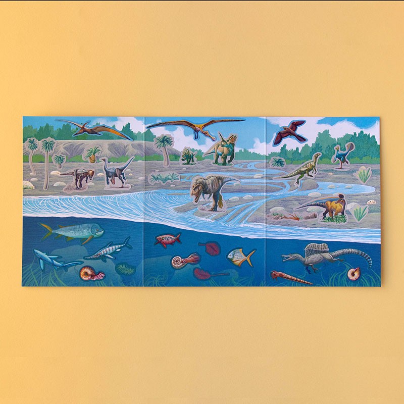 Fold-out scene from Londji Dinos sticker set with land and underwater dinosaurs.