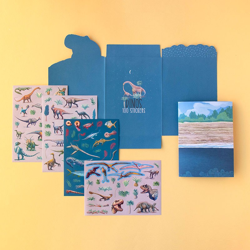 Full Londji Dinos sticker kit including sheets, packaging, and illustrated play scene.