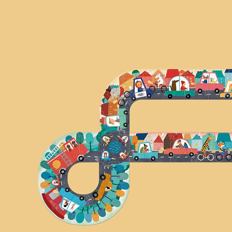 Completed Londji Beep Beep Puzzle showing a busy road filled with cars, animals, and cyclists.