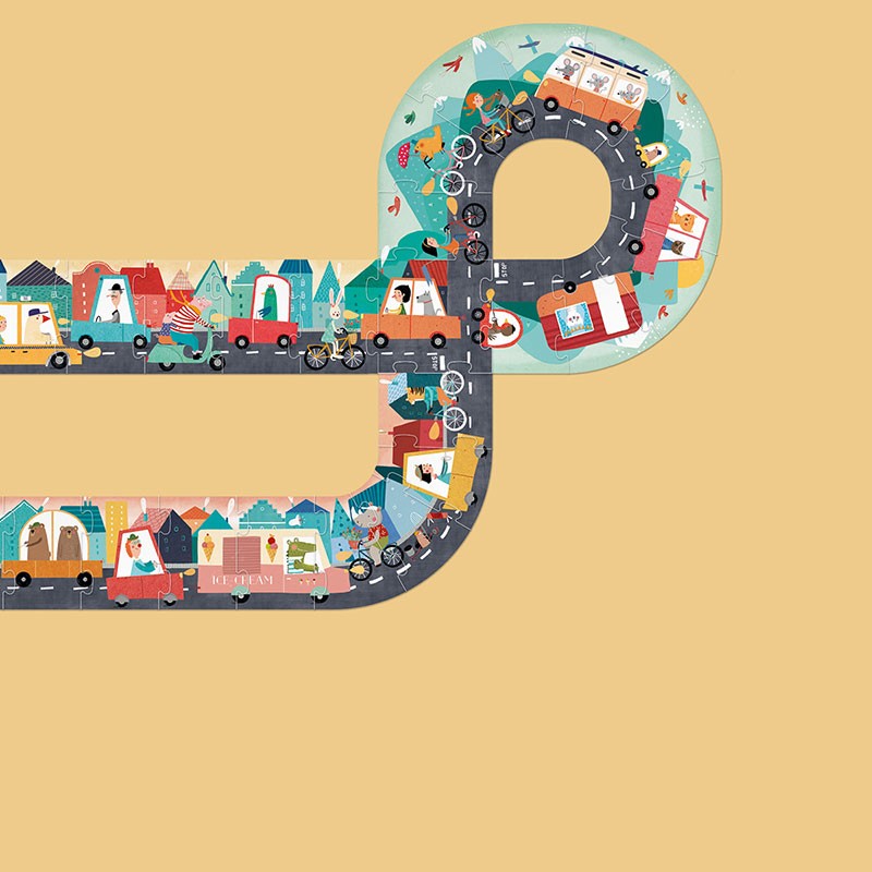 Londji Beep Beep Puzzle layout showing vehicles, roads, and illustrated buildings on a tan background.