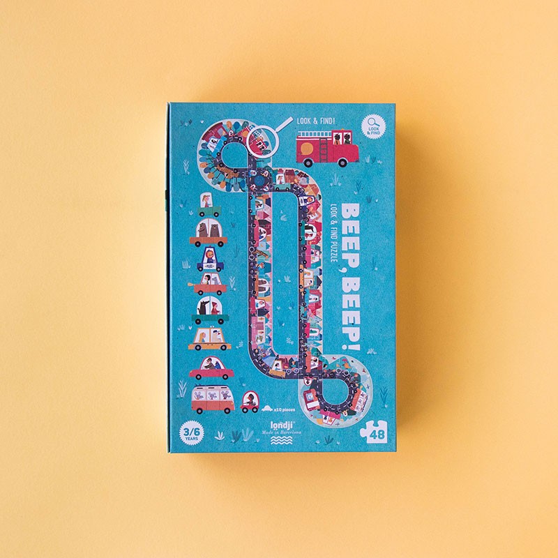 Back of Londji Beep Beep Puzzle box showing full road design and playful vehicle illustrations.