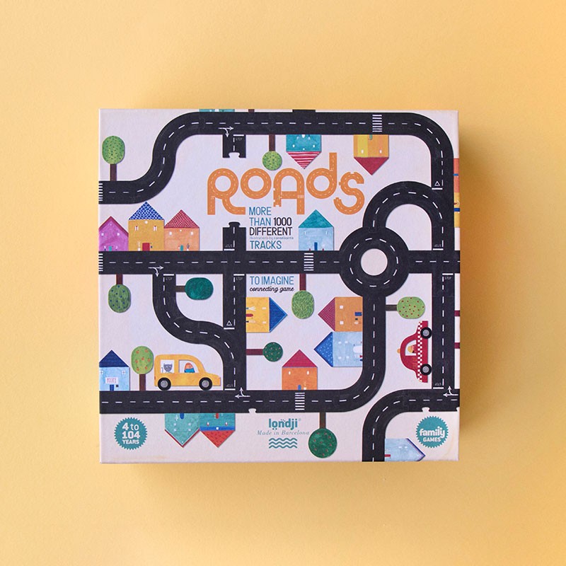 Londji Roads game box featuring colorful illustrated streets, cars, and houses on a yellow background.