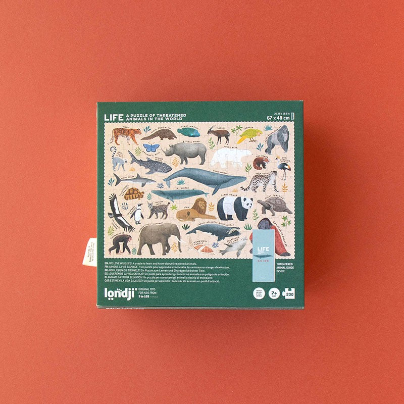 Back of Londji Life Puzzle box showing the completed puzzle design with illustrated endangered animals and their names.