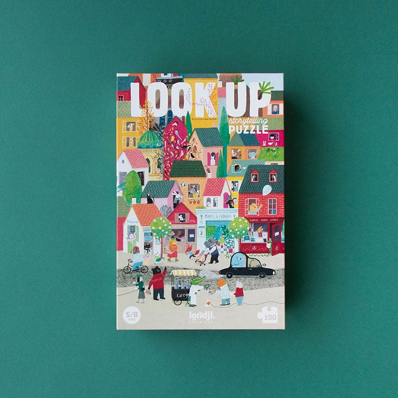 Londji Look Up storytelling puzzle box showing colorful houses and playful city life illustration for kids ages 5 to 8.