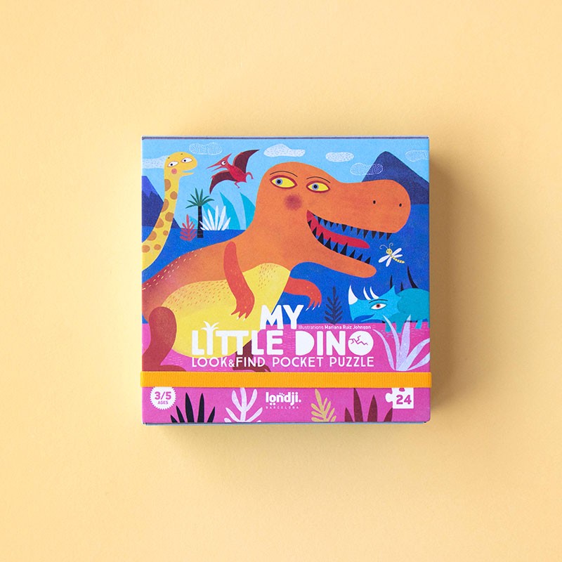Front view of Londji My Little Dino Look & Find Pocket Puzzle box featuring a smiling orange T-Rex and colorful prehistoric scenery.