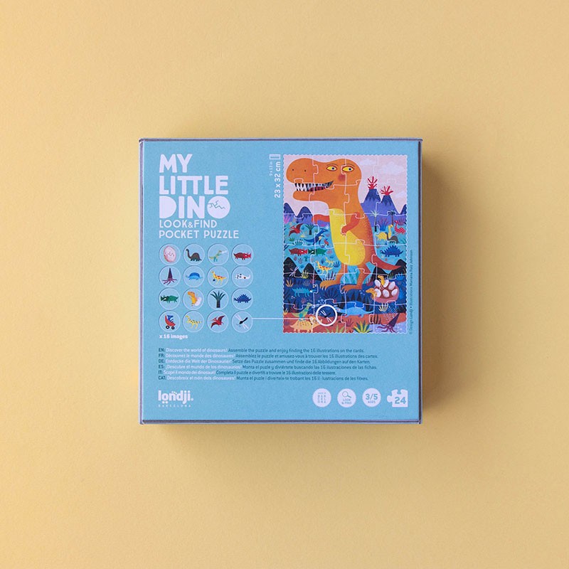 Back of Londji My Little Dino Look & Find Pocket Puzzle box with picture of the completed puzzle and 16 illustrated tokens to find.