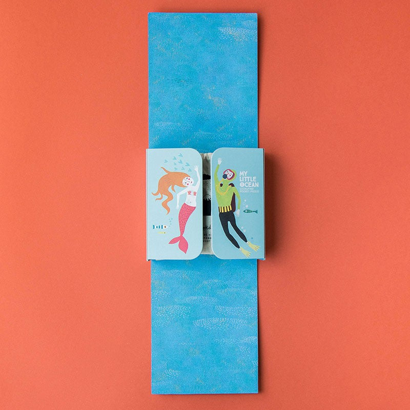 Open My Little Ocean Look & Find Puzzle packaging showing mermaid and diver illustrations on the inner flaps.