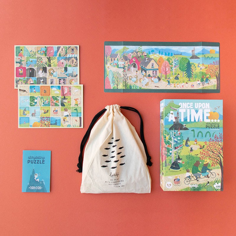 Londji Once Upon a Time Puzzle set with box, pieces, guide, and storage bag.