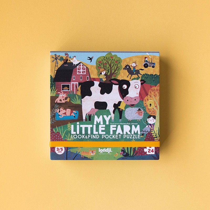 Front of Londji’s My Little Farm – Look & Find Pocket Puzzle box, showing a cow, barn, and playful farm scene for children aged 3 to 5.