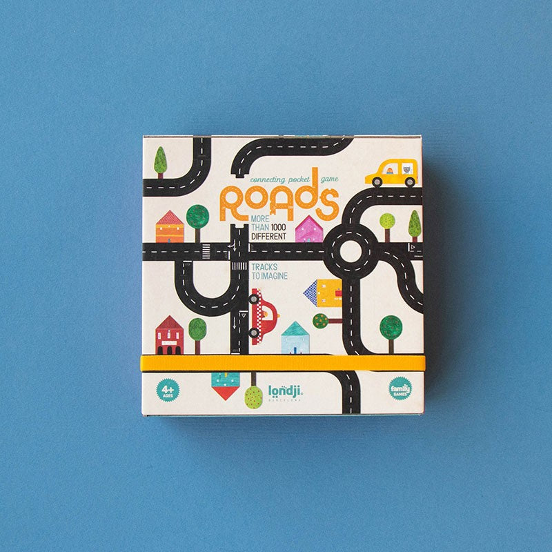 Londji Roads Pocket Game box with colorful road illustrations and small cars on a blue background