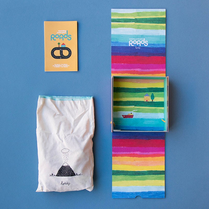 Londji Roads Pocket Game box opened with instruction booklet and cloth storage bag beside it