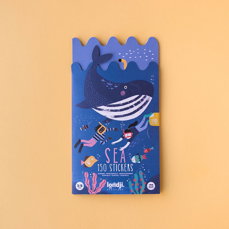 Londji Sea Stickers set with illustrated whale and divers on the packaging, 150 reusable stickers for kids.