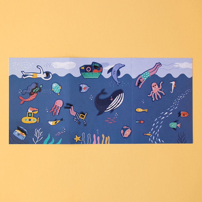 Open Londji Sea Stickers scene showing ocean animals, divers, and submarines on a blue background.