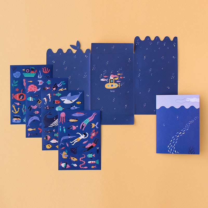 Complete Londji Sea Stickers pack with sticker sheets, envelope, and underwater-themed illustrations.
