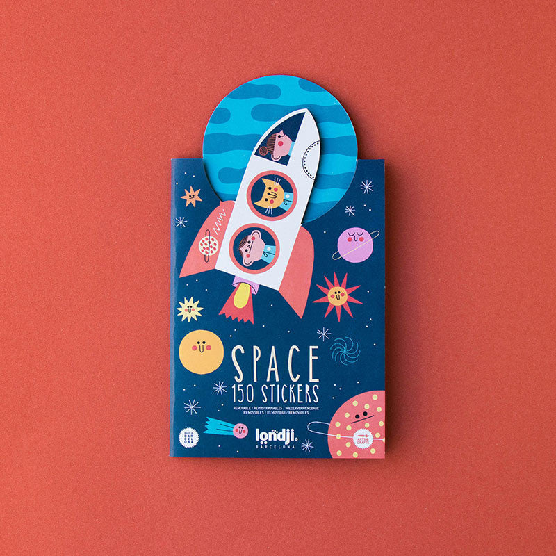 Londji Space 150 Stickers set featuring a rocket illustration with playful planets and stars on the packaging.