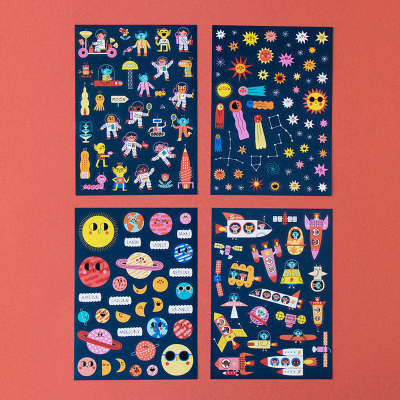 Four sheets of Londji Space Stickers with colorful rockets, astronauts, planets, and stars on a dark blue background.