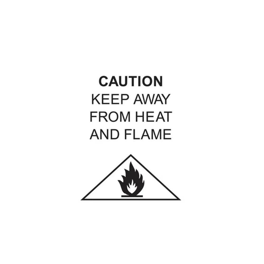 G.Nancy kids’ pyjama fire safety label with caution icon, advising to keep away from heat and flame, printed on a white background.
