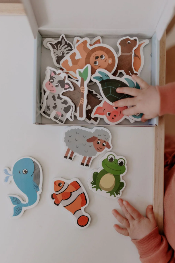 Close-up of a child’s hands picking up animal magnets from the MagPlay box, featuring characters like a whale, clownfish, and frog.