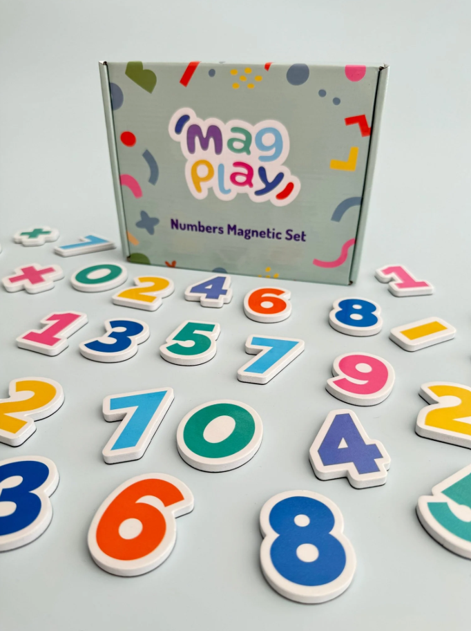 Front-facing view of the MagPlay Numbers Magnetic Set with bold, multi-coloured number magnets neatly arranged in rows.