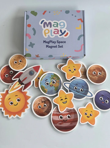 Flat lay of the MagPlay Space Magnet Kit box with colourful planet, sun, rocket, and star magnets displayed on a white surface.