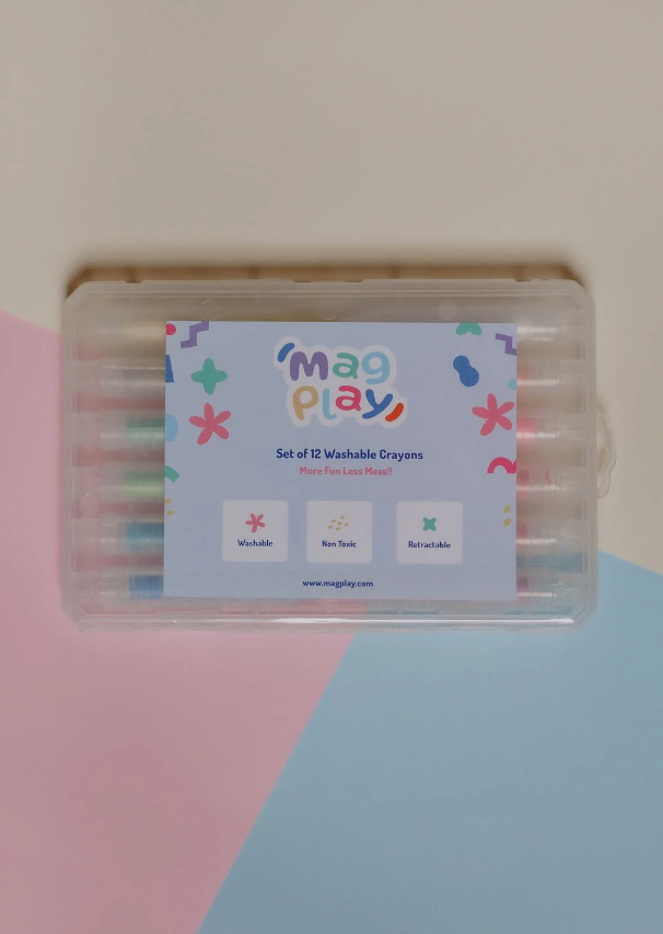 Closed MagPlay crayon case with branding and icons showing that the crayons are washable, non-toxic, and retractable.