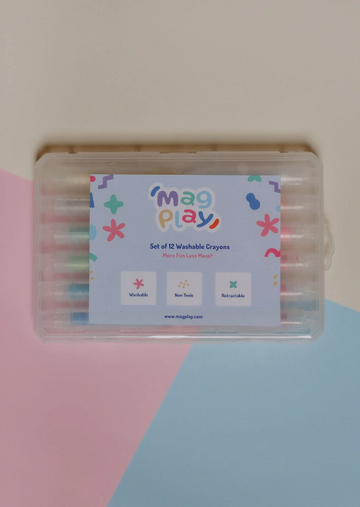 Closed MagPlay crayon case with branding and icons showing that the crayons are washable, non-toxic, and retractable.