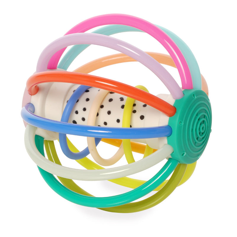 Top-down view of the Whistleball Colorpop being held, showing its colourful bendy tubes and central whistling mechanism, ideal for stimulating baby senses.