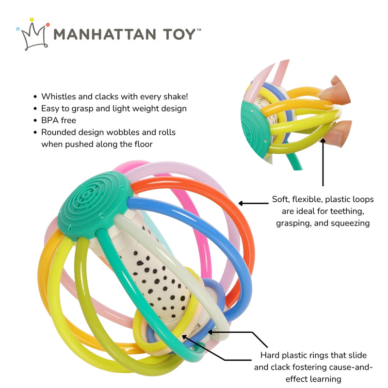 Product info sheet showing the Whistleball Colorpop’s key features—auditory response, sensory tubes, and baby-safe materials with visual diagram.