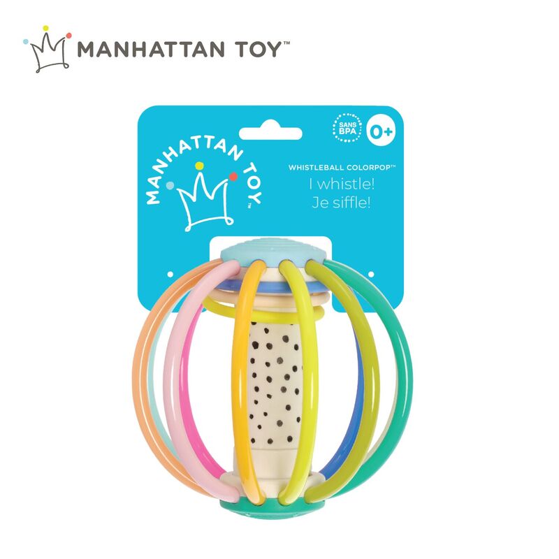 Manhattan Toy Whistleball Colorpop displayed in retail packaging with bright blue product tag, showcasing pastel-coloured flexible tubes and BPA-free label, designed for newborn sensory play.