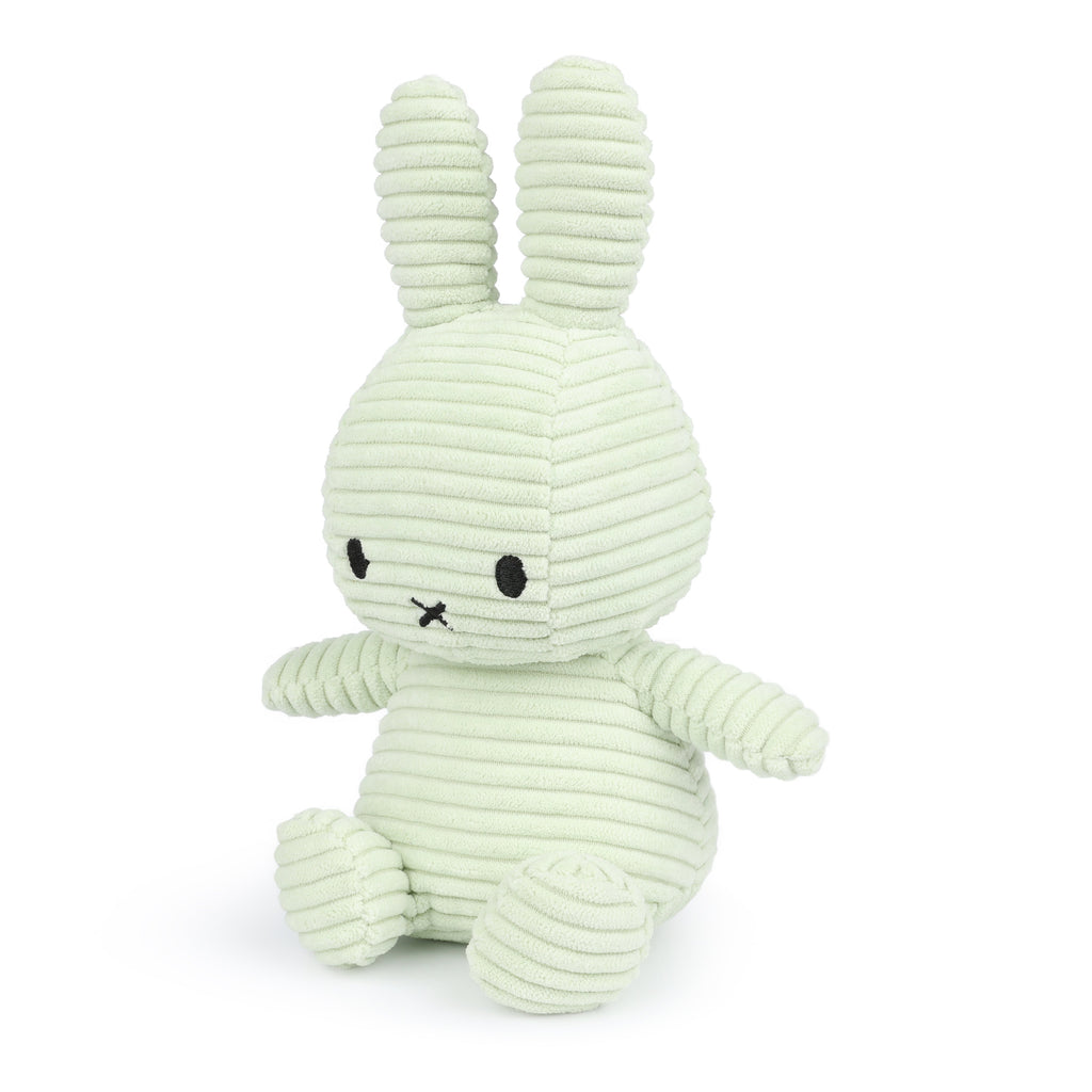 Fresh Mint Miffy Plush made from 100% recycled corduroy polyester. Soft, snuggly, and perfect for cuddles, measuring 23cm tall. 
