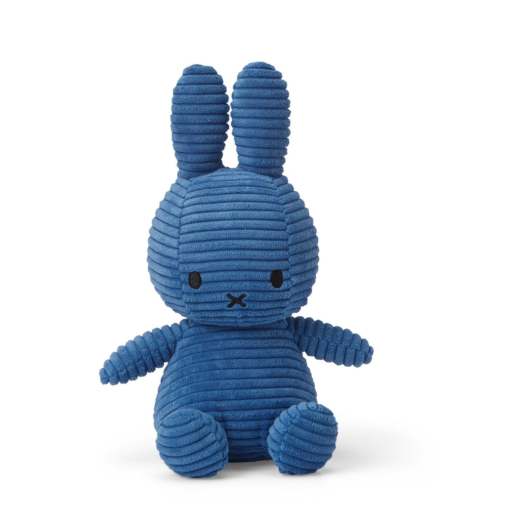 Kobalt Blue Miffy Plush made from 100% recycled corduroy polyester. Soft, snuggly, and perfect for cuddles, measuring 23cm tall. 