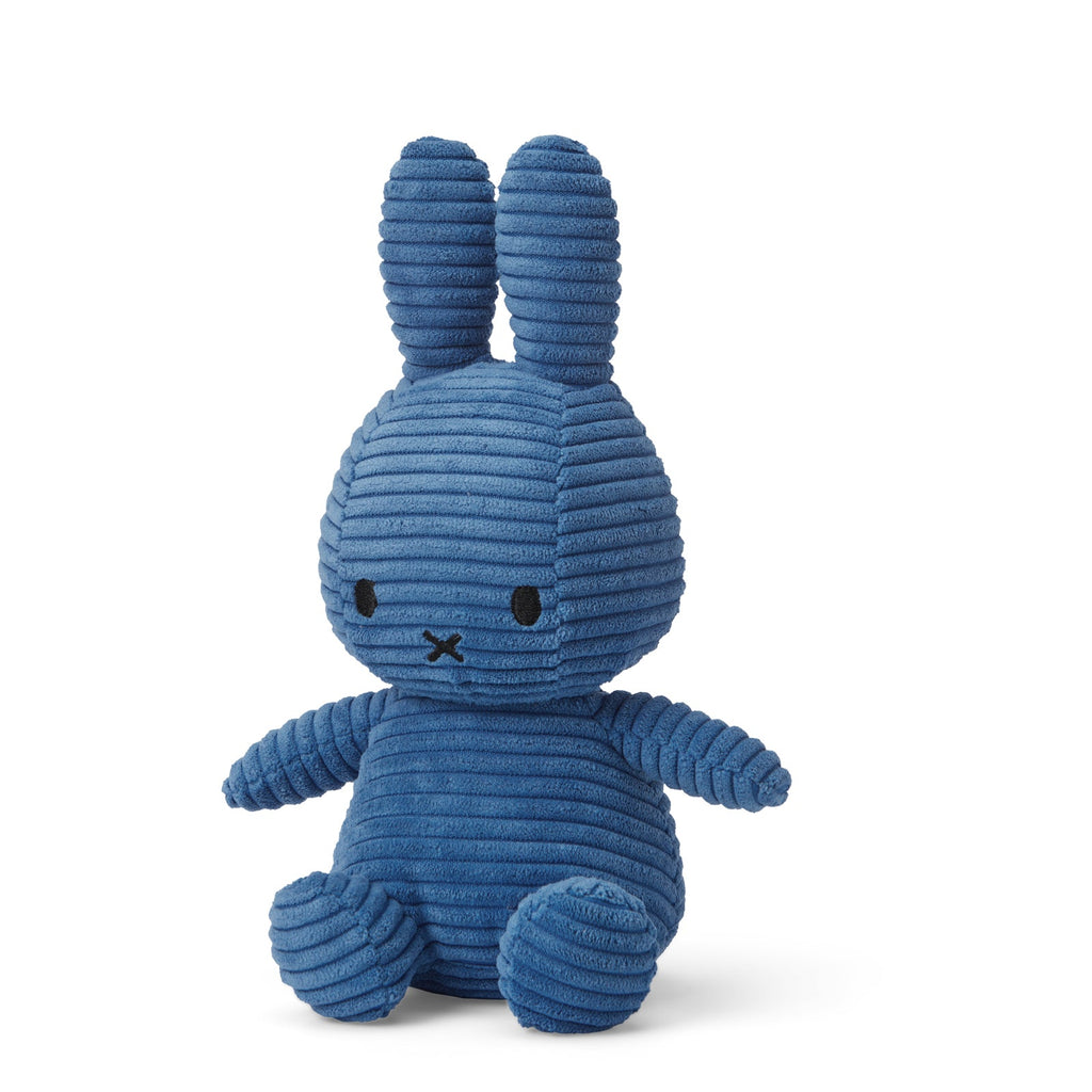 Kobalt Blue Miffy Plush made from 100% recycled corduroy polyester. Soft, snuggly, and perfect for cuddles, measuring 23cm tall. 